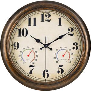 45MinST 13-Inch Vintage Outdoor Wall Clock with Thermometer and Hygrometer, Waterproof, Large Numbers, Silent, for Indoor and Outside Use,Porch,Garden,Pool(Bronze)