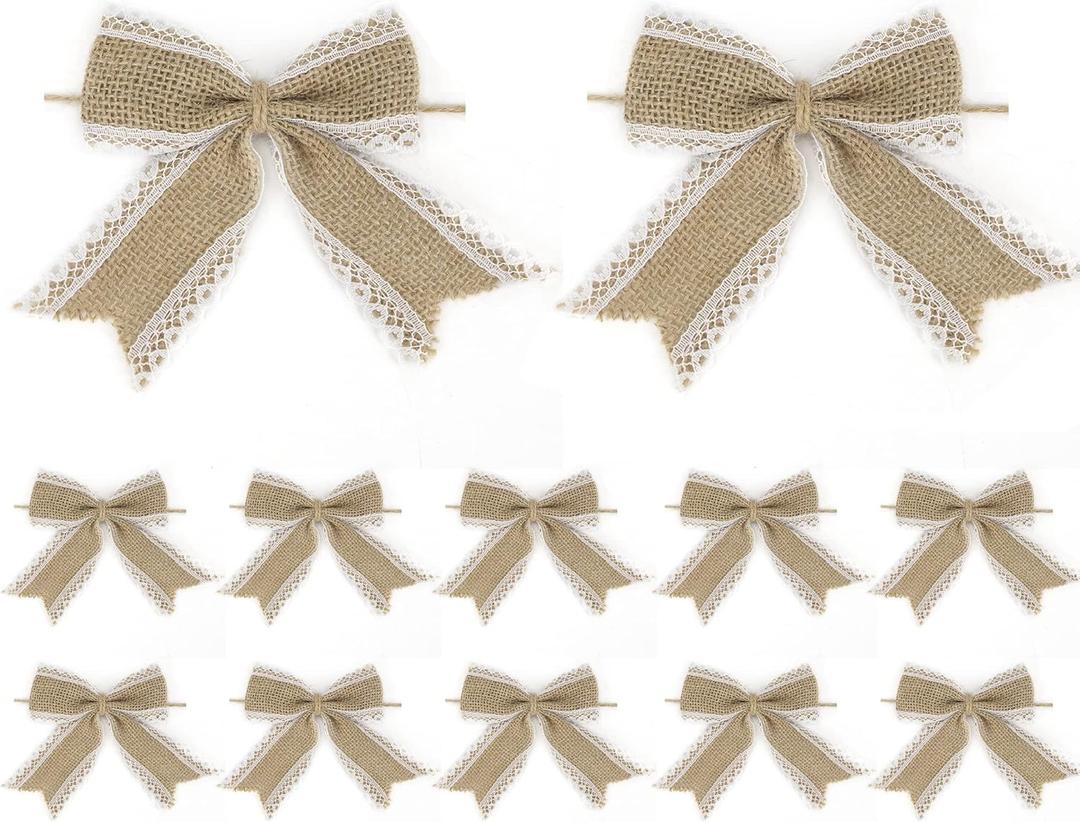 AIMUDI Natural Burlap Bows with Lace 4 Inch Handmade White Lace Jute Bows Pre Tied Gift Bows for Crafts Burlap Bows for Christmas Trees Vintage Wedding Decorative Bows for Party - 12 Counts