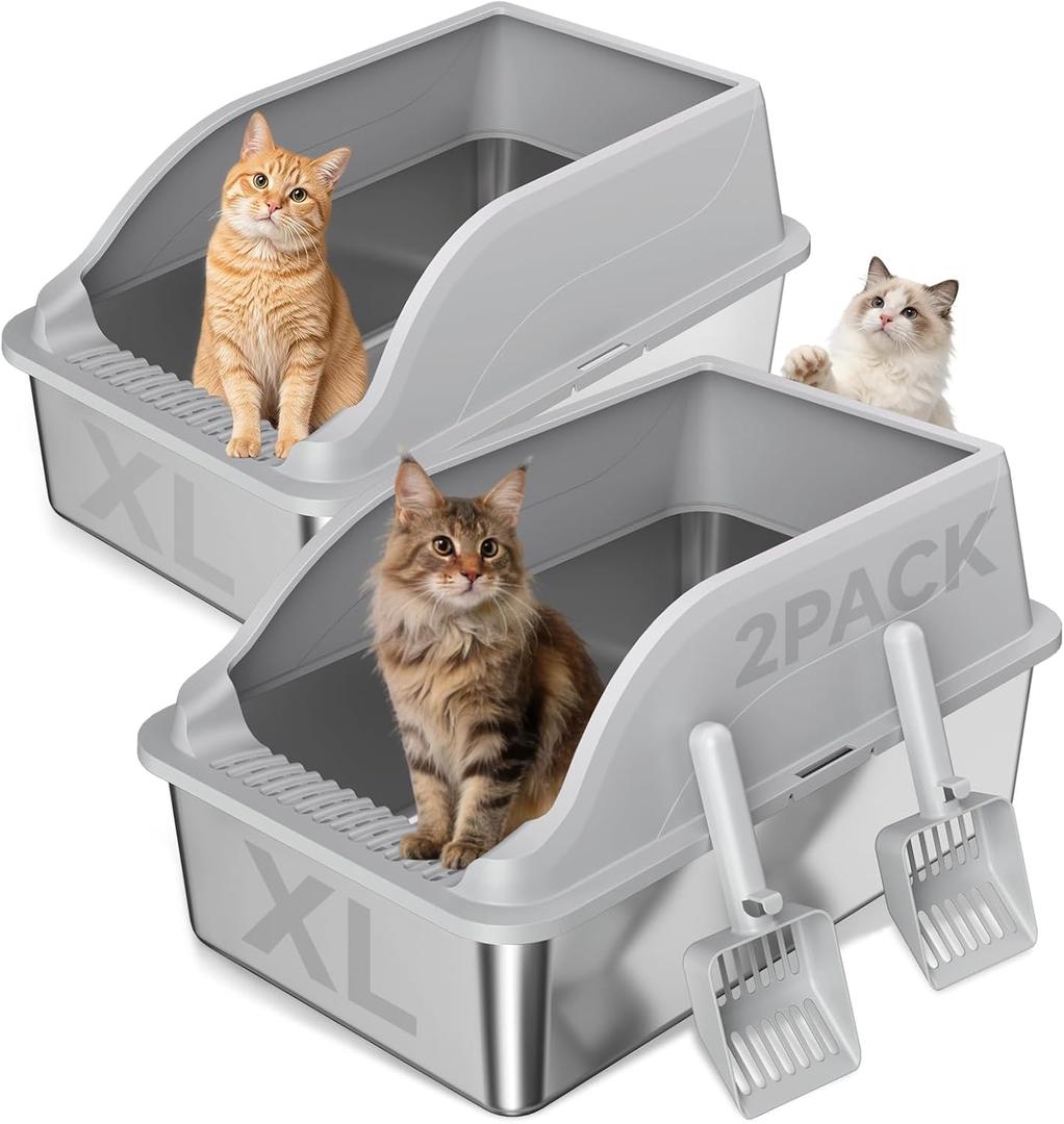 2PACK Stainless Steel Cat Litter Boxes, Large Metal Litter Box with High Sides Lid, Odor Free Litter Pan Include Scoop Easy Cleaning Anti-Scratch Kitty Cat Box Anti-Urine Leakage, Non-Sticky (Light Grey(23in))