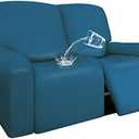 Easy-Going PU Leather Recliner Loveseat Slipcovers, Waterproof Stretch Sofa Covers, 6 Pieces Stretch Furniture Protector, Elastic Strap Shield Pets Kids Children Cats Dogs Peacock Blue