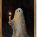 Framed Vintage Halloween Ghost Canvas Wall Art, Cute Ghost Holding Candle Pictures Wall Decor, Spooky Gothic Dark Academia Paintings Prints for Living Room Bedroom Bathroom 16x24 inch