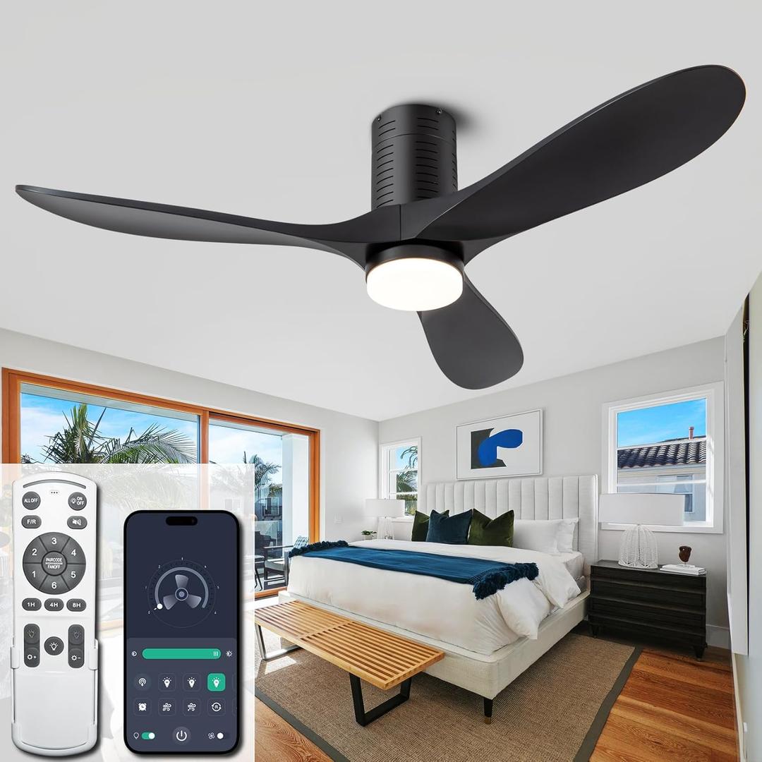 52" Flush Mount Ceiling Fans with Lights and Remote/APP Control, 3CCT Dimmable LED, 6 Speed DC Motor, Low Profile Ceiling Fan for Bedroom, Hallway,Indoor/Outdoor