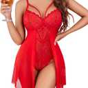 Avidlove Lingerie For Women Womens Lace Bodysuit Teddy Babydoll Chemise Sexy Nighty Mesh Sleepwear S-XXL (Red-unique Crotch)