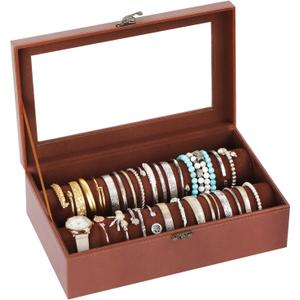 Autoark Bracelet & Watch Storage Box with Glass Lid & 2 Anti-Roll Rods,PU Leather Jewelry Case,Soft Lined Locking Organizer for Women,Gift for Dresser & Cabinet Display,Coffee,MKAW143
