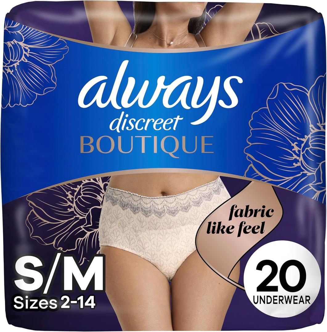 Always Discreet Boutique Incontinence and Postpartum Underwear for Women, Maximum Protection, S/M, Rosy, 20 Count (Packaging May Vary)