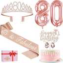 80th Birthday Decorations for Women, Include 80th Birthday Sash and Tiara, Cake Topper and Candles, Number Balloons, Greeting Card, 80 Year Old Gifts for Women