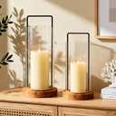 Houmury Set of 2 Hurricane Candle Holders Lantern 12 & 10with Wood Base Metal Handle Glass Cylinder Modern Farmhouse Decor for Home Decoration, Table Centerpieces (Warm Amber Brown)