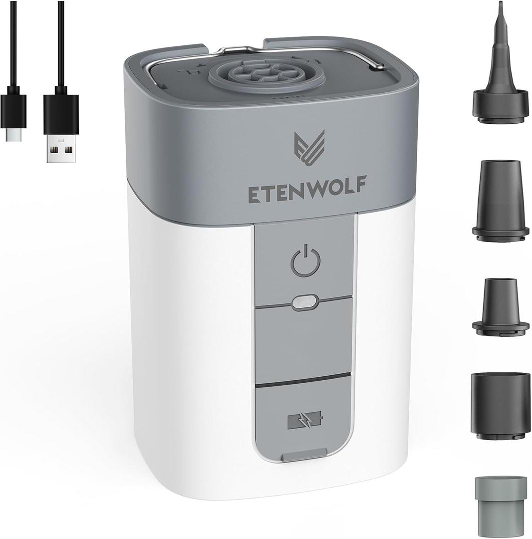 ETENWOLF AIR 5 Air Pump for Inflatables, 5200 mAh Portable Electric Air Pump, 4X Quick Inflator Deflator, 4.5 kPa & 720 L/min Pump for Pool Floats, Air Mattress, Vacuum Storage Bags, Camping (White)