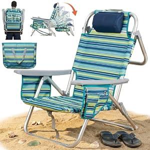 ALPOME Aluminum Backpack Low Profile Beach Chair - 5-Position Lay Flat Reclining Folding Chair with Removable Cooler Bag - Heavy Duty 330 lbs Capacity, Lightweight Portable Sand Seat - Striped Green