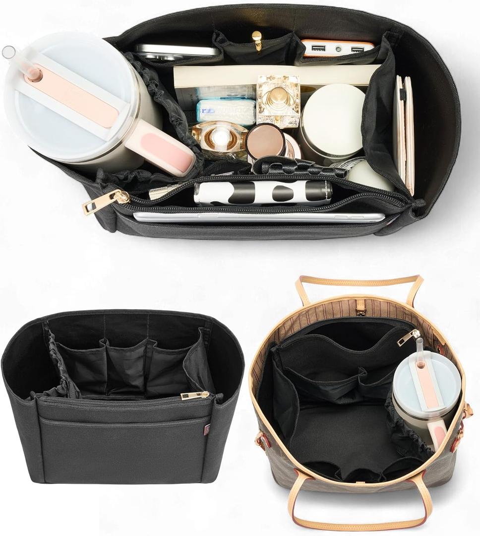 Tote Bag Organizer Insert with Stanley Cup Holder and Zipper Bag, Compatible with Neverfull, Saint Louis and More, 9 Pockets (Black, Large)