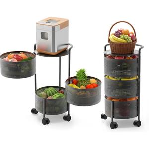 JAQ 3-Tier No Assembly Vegetable Storage Rack, Under Counter Rotating Fruit Basket with Wheels, Carbon Steel Kitchen Organizer for Potato Onion, Fruteros para Cocina, Black