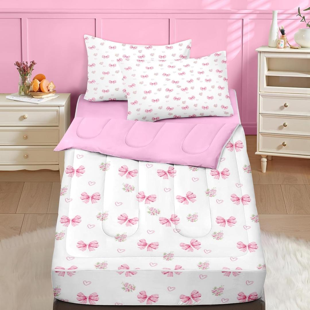 Nesker Full Zipper Bedding, Pink Bowknot Zipper Bedding Sets for Girls, 3pcs All in on one, Princess Flower Kids Comforter Set with Fitted Sheet and 2 Pillowcases