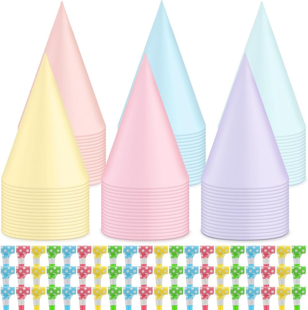 Sotiff 200 Pcs Pastel Birthday Party Hats and Noisemakers Sets 100 Rainbow Party Cone Hats 100 Metallic Macaron Blower Blowouts for Baby Shower Bridal Wedding Birthday Supplies