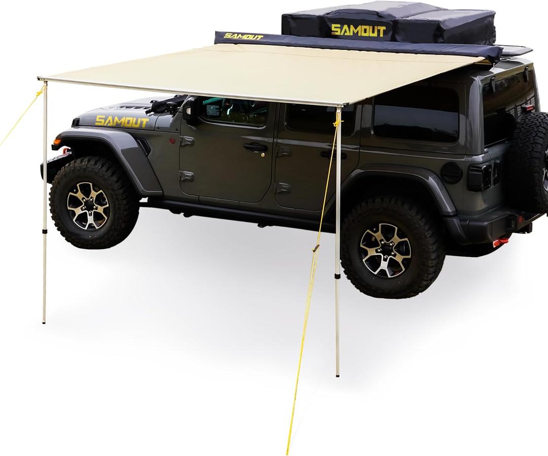 SAMOUT Vehicle Awning, 6.6ft x 10ft, Rooftop Pullout Ripstop UPF50+ Side Awning, Reinforced Hinges & Poles for Jeep/SUV/Truck/Van
