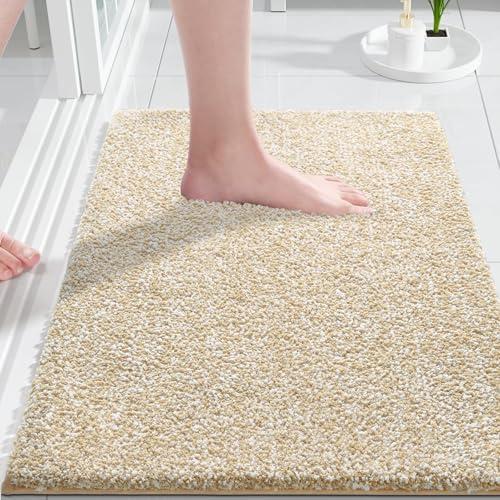 Yimobra Bathroom Rugs Non Slip Washable 24x17, Ultra Soft Absorbent Microfiber Bath Mat, Dual-Tone Decor Rug with Rubber Backing for Bathroom Floor, Tub and Shower, Home Essentials,Light Beige & white