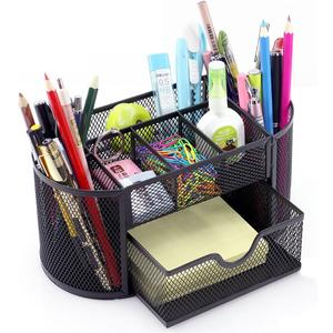 Desk Supplies Organizer Multi-functional Stationery Caddy Mesh Oval Pencil Holder Desk Office Supplies Organizer 9 Compartments with Drawer for Note Pads Black