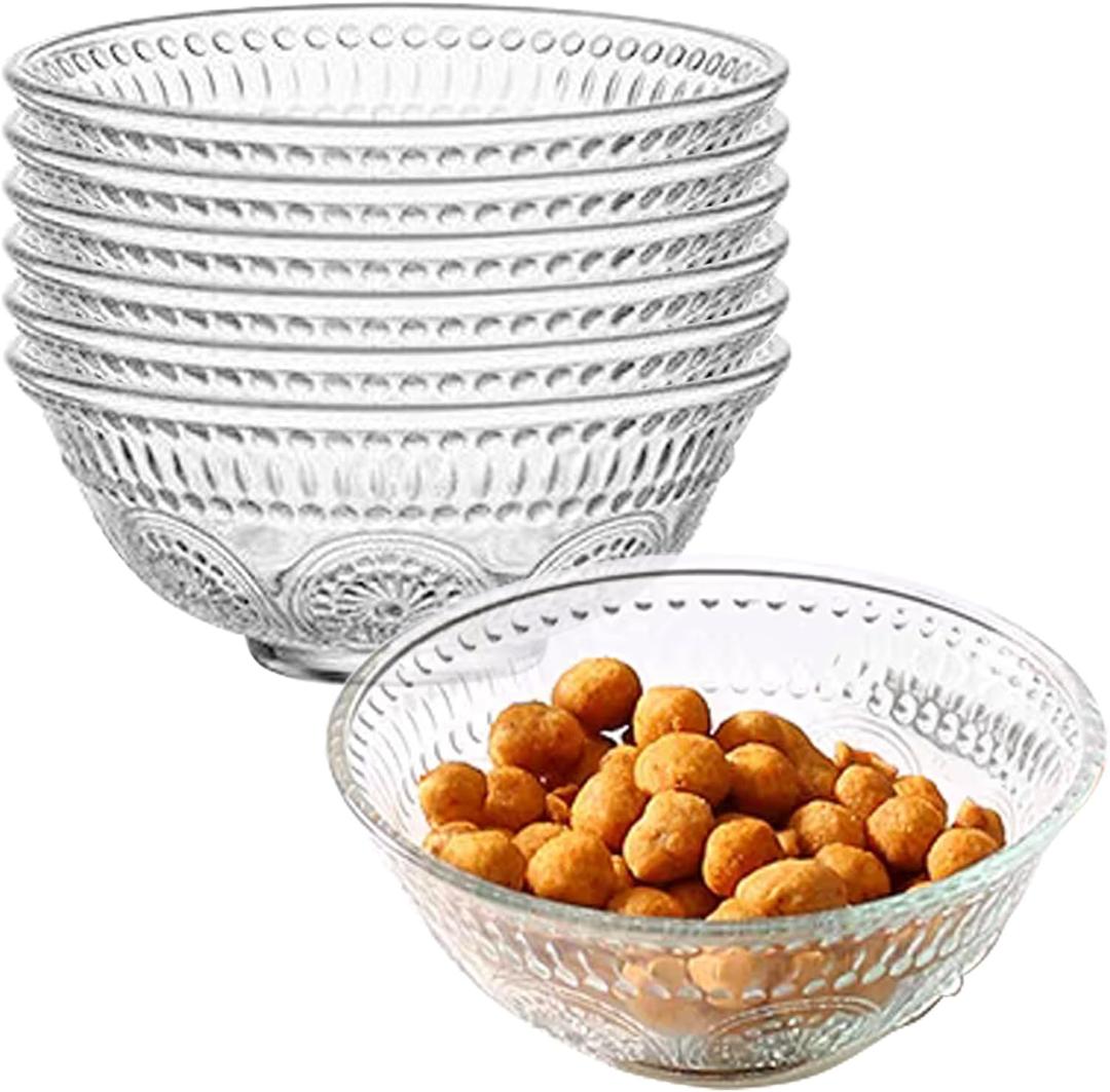 6 Pack Clear Glass Cereal Candy Snack Bowls Set, Vintage Ice Cream Yogurt Serving Bowl, Embossed Fruit Dessert Dish Plate, Crystal Round Side Prep Dishes for Desk - Sunflower