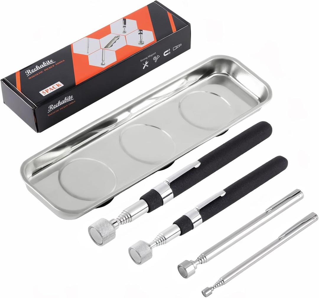 5 PCS Magnetic Telescoping Pick up Tools, 15 LBS, 8 LBS, 3.5 LBS, 1.5 LBS Magnet Stick Screws Parts Finder, with Rectangle Magnet Tray, Pickup Nails, Metal Retrieving (Medium)