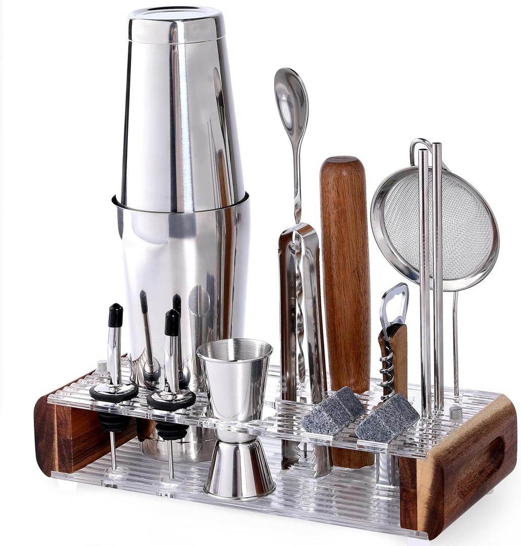 Mixology Bartender Kit with Stand - 15 Piece Bar Tool Set, Silver Bar Set Cocktail Shaker Set for Drink Mixing - Includes Martini Shaker, Jigger, Strainer, Bar Mixer Spoon, Tongs, Opener | Gift Idea