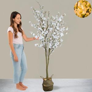 6ft Light Up Cherry Blossom Tree with Lights & Plant Basket, Tall Fake Tree, Artificial White Decorative Tree, Japandi Home Decor Living Room, Sakura Tree, Arbol De Cerezo Artificial Grande