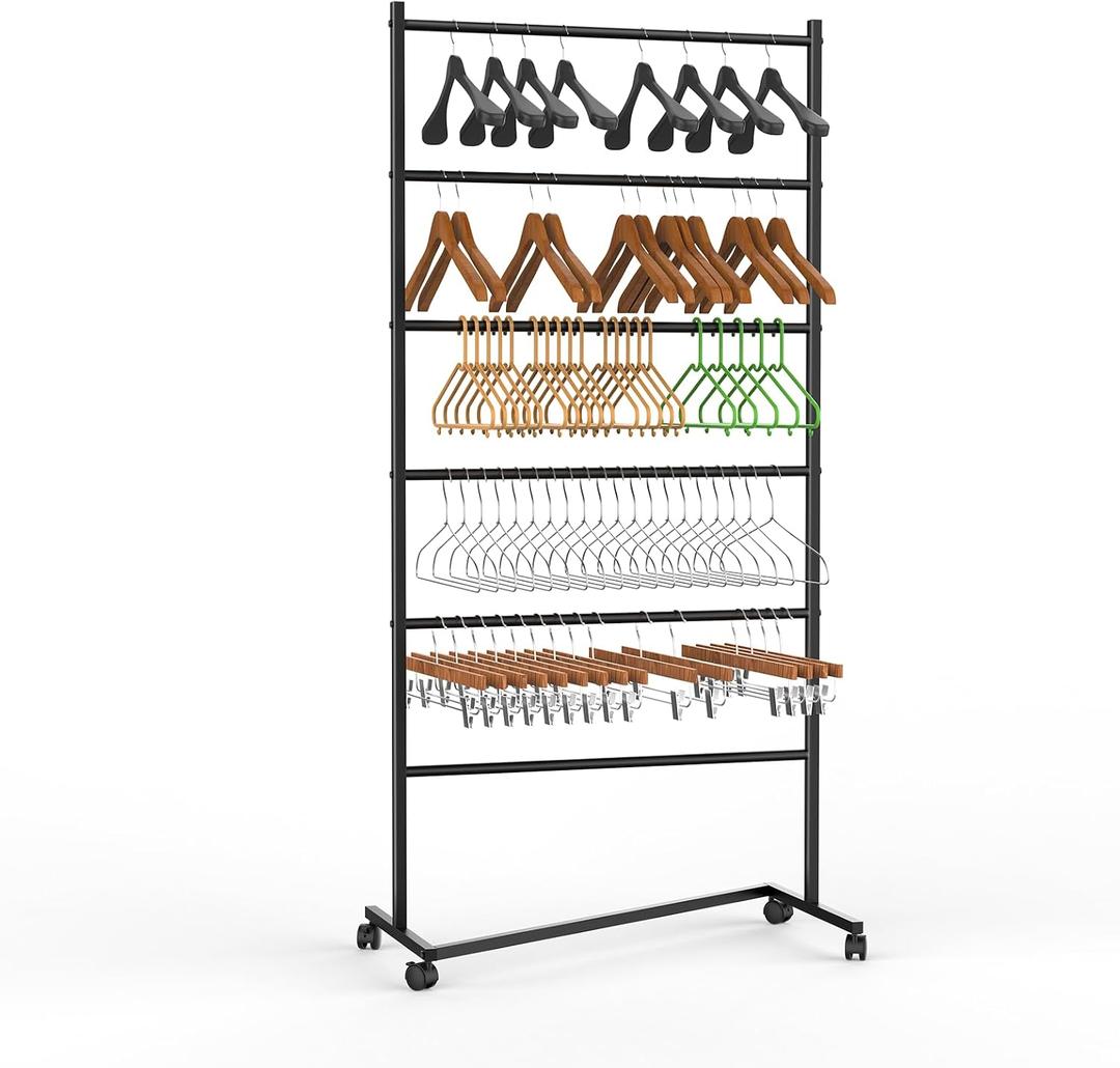 6 Tier Z-Truck Clothing Hanger Storage System, Efficiently Organize Standard Hangers, Skirt and Pant Hangers; Mobile Rack for malls, boutiques, Laundry Rooms; Black, 61 x 30 x 15 in.