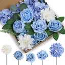 80Pcs Artificial Flowers Combo Set, Fake Silk Flowers Decor with Stems for DIY Roses Wedding Party Centerpieces Bridal Bouquets Cake Decorations Arrangements Indoor Outdoor(Blue)