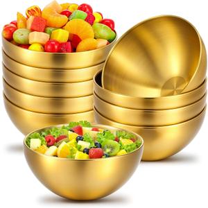 10 Pcs Stainless Steel Bowls, 30 OZ Metal Gold Mixing Bowls 5.9 Inch Gold Serving Bowl for Dessert Salad Cereal Fruit Appetizer Snack Soup Dipping Facial