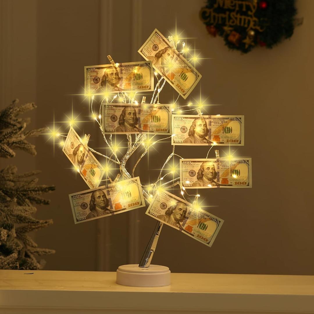 4 Pack Money Tree Gift Holder 108 LEDs Lighted Fairy Light Spirit Trees Graduation Decorations Battery/USB Powered Light Up Display Twig Gift Card Tree with 22 Clear Clips for Card Photo Memo