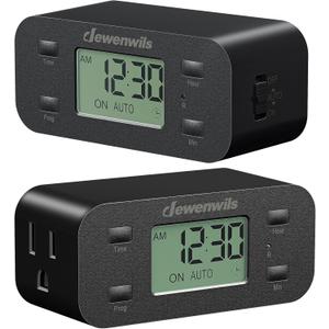 DEWENWILS 24 Hour Programmable Digital Timer Outlet with 1 Grounded Outlet, 2 Pack Timers for Electrical Outlets, 3 Prong Light Timer for Indoor Lamp Fan Aquarium, 125V/15A/1000W, 1/2 HP, Black