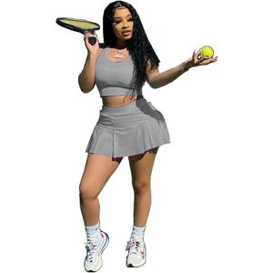 Adogirl Women Tennis Skirt Sets 2 Piece Outfits Casual Tank Crop Top Pleated Mini Dress Golf Athletic Sport Workout Outfits (X-Large, Gray)