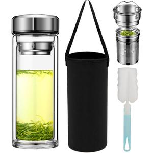 17oz Tea Tumbler with Infuser, 500ml Double Wall Borosilicate Glass Tea Bottle 100% Leak-Proof with 2 in 1 Stainless Steel Filter