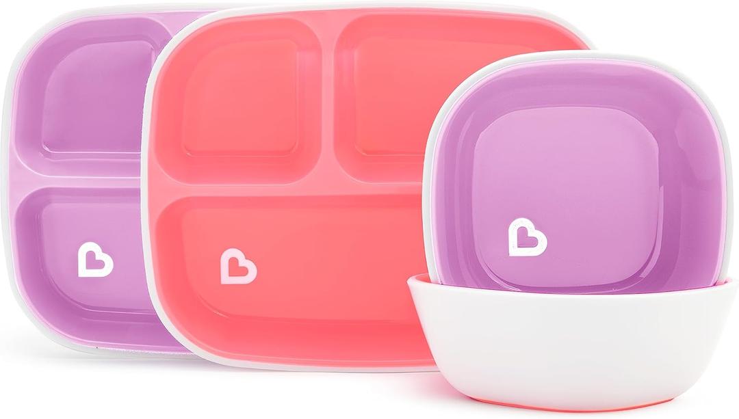 Munchkin Splash 4 Piece Toddler Divided Plate and Bowl Dining Set, Pink/Purple
