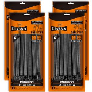 12 inch Black Large Zip Ties Heavy Duty (400 Pack), 2025 New Patented Design, 500 LBS Tensile Strength, Self-Locking Nylon PA66 UV Resistant Cable Ties for Indoor and Outdoor Use (12(400PCS))
