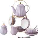 CLAY TONIC 8 OZ Fine China Purple Coffee Cup/Teacup Set, Cups & Saucer, with TeapotSugar BowlCream Pitcher Teaspoons and tea strainer for Tea/Coffee,17Pieces Service for 4 (Purple)