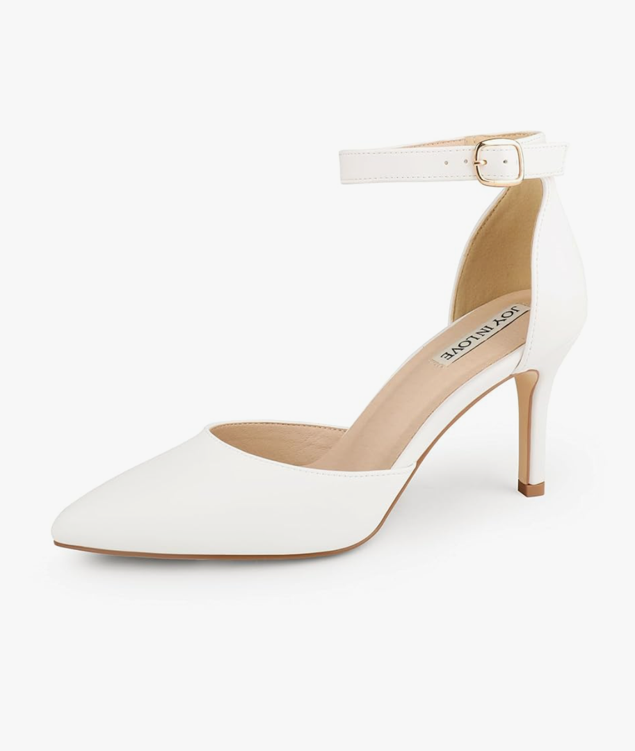 JOY IN LOVE Closed Toe Heels Pumps for Women 3IN Stiletto Pointed Toe Ankle Strap Heels White Matte US6.5