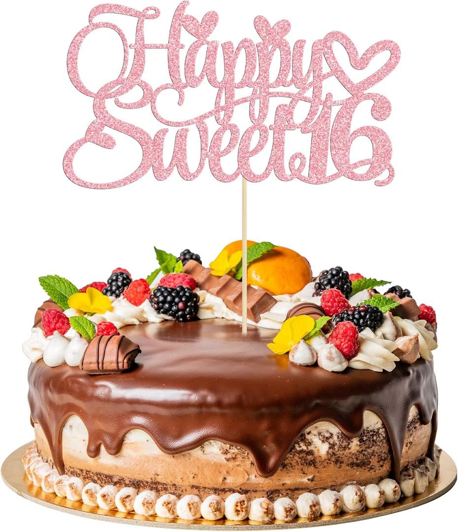 1Pc Happy Sweet 16 Cake Topper Glitter 16th Birthday Cake Pick Decorations for Cheers to 16 Years Old 16th Birthday Party Cake Decorations Supplies Pink