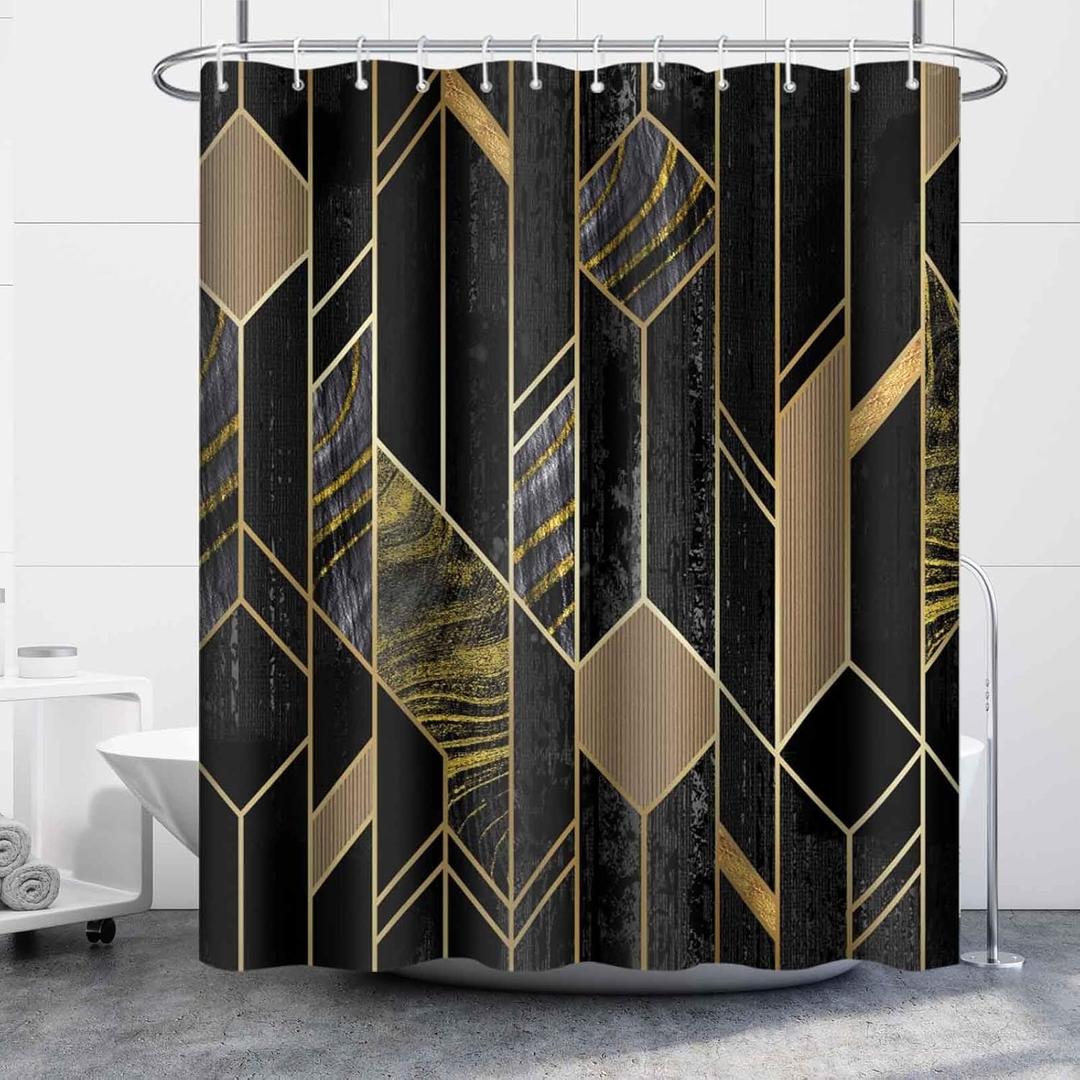 Black Marble Shower Curtain for Bathroom Abstract Gold Stripe Lines Fabric Shower Curtains Waterproof Modern 72x72inches Bathtub Shower Curtain Set with Hooks