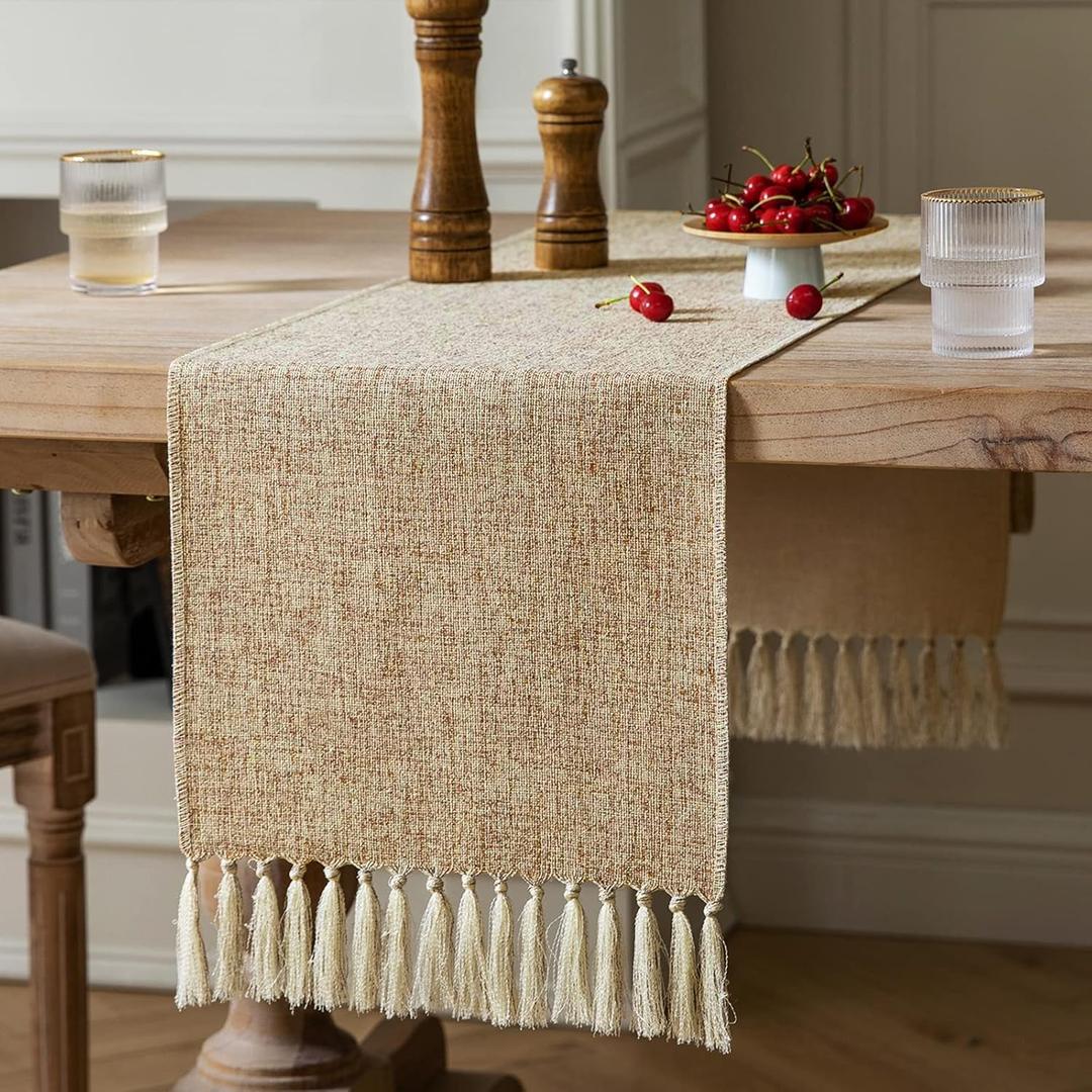 ZeeMart Beige Table Runners 60 Inches Long, Burlap Linen Style Rustic Farmhouse Table Runner, Boho Woven Dining Table Runner, 13x60 Inches, Oatmeal Beige