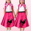 1950s Kids Poodle Skirt 50s Sock Hop Costume with Shirt Scarf Headband Earrings Glasses Socks (4-6 Years, Hot Pink)