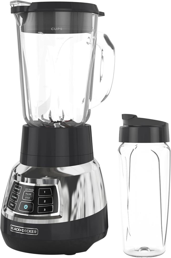 Black+Decker Quiet Blender with 6-Cup Cyclone Glass Jar, 3 Speeds + 3 Functions & Serrated Blade Technology for Faster Blending, Pulse Button and 24-oz Personal Jar, 900W