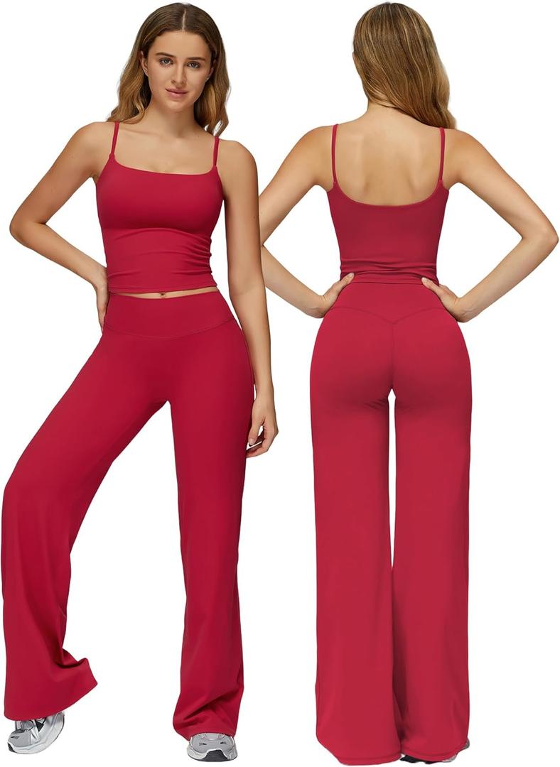 QBGJTD Women's Workout Sets Two Piece Spaghetti Straps Crop Top Matching Straight Leg Pants Gym Work Pilates Outfits (Large, Red)