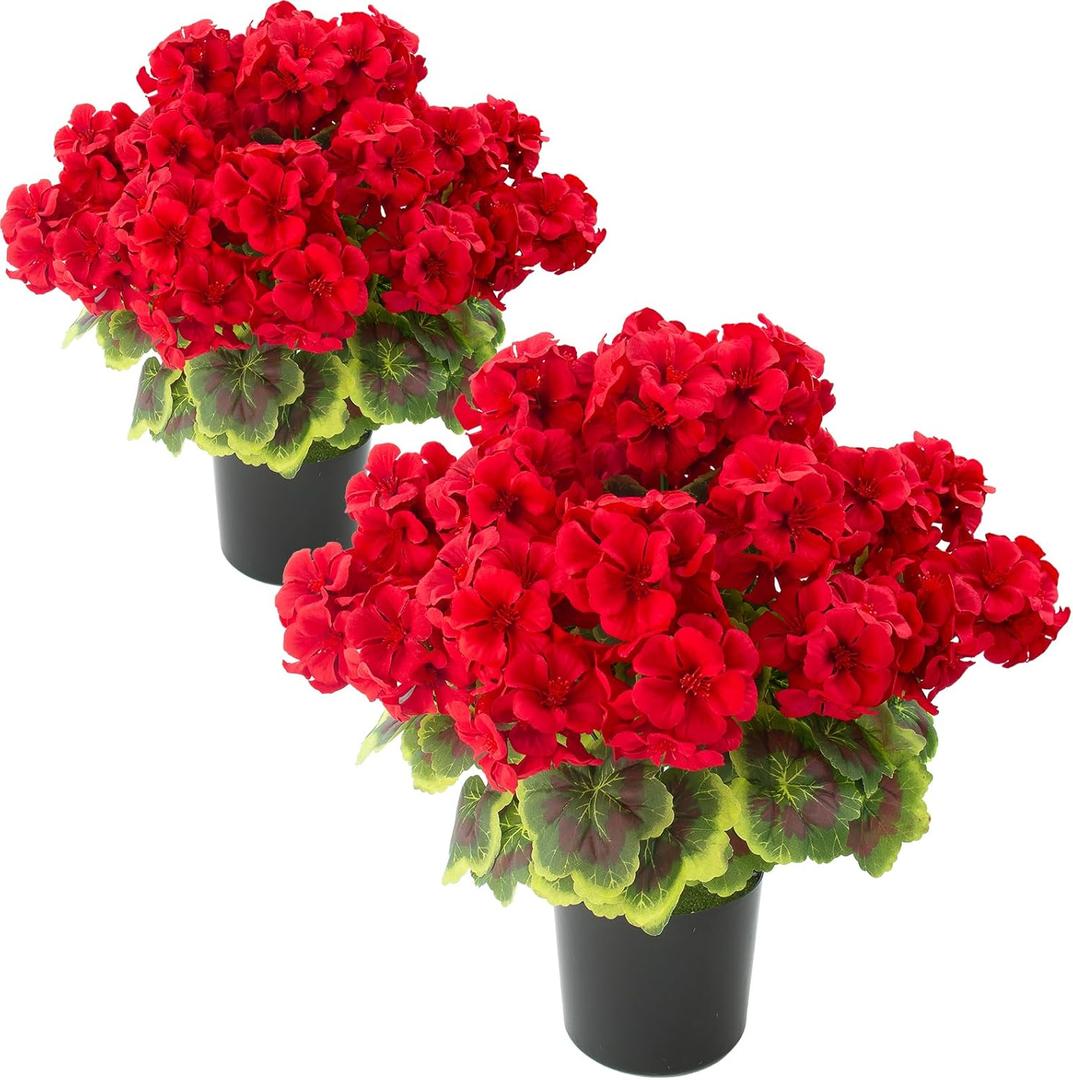 lovemoon 2 Pcs Geranium Potted Artificial Flowers, 19" Fake Geraniums Plants UV Resistant Silk Potted Plants for Outdoor Home Décor Office Porch Garden Decor (2, Red)