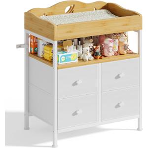 POKIPO Bamboo Changing Table Dresser with Sturdy Metal Frame, 4 Fabric Drawers, 3-in-1 Baby Dresser with Changing Table Top, Diaper Changing Station and Storage Organizer for Modern Nursery, 19.9"D x 32.9"W x 39.8"H