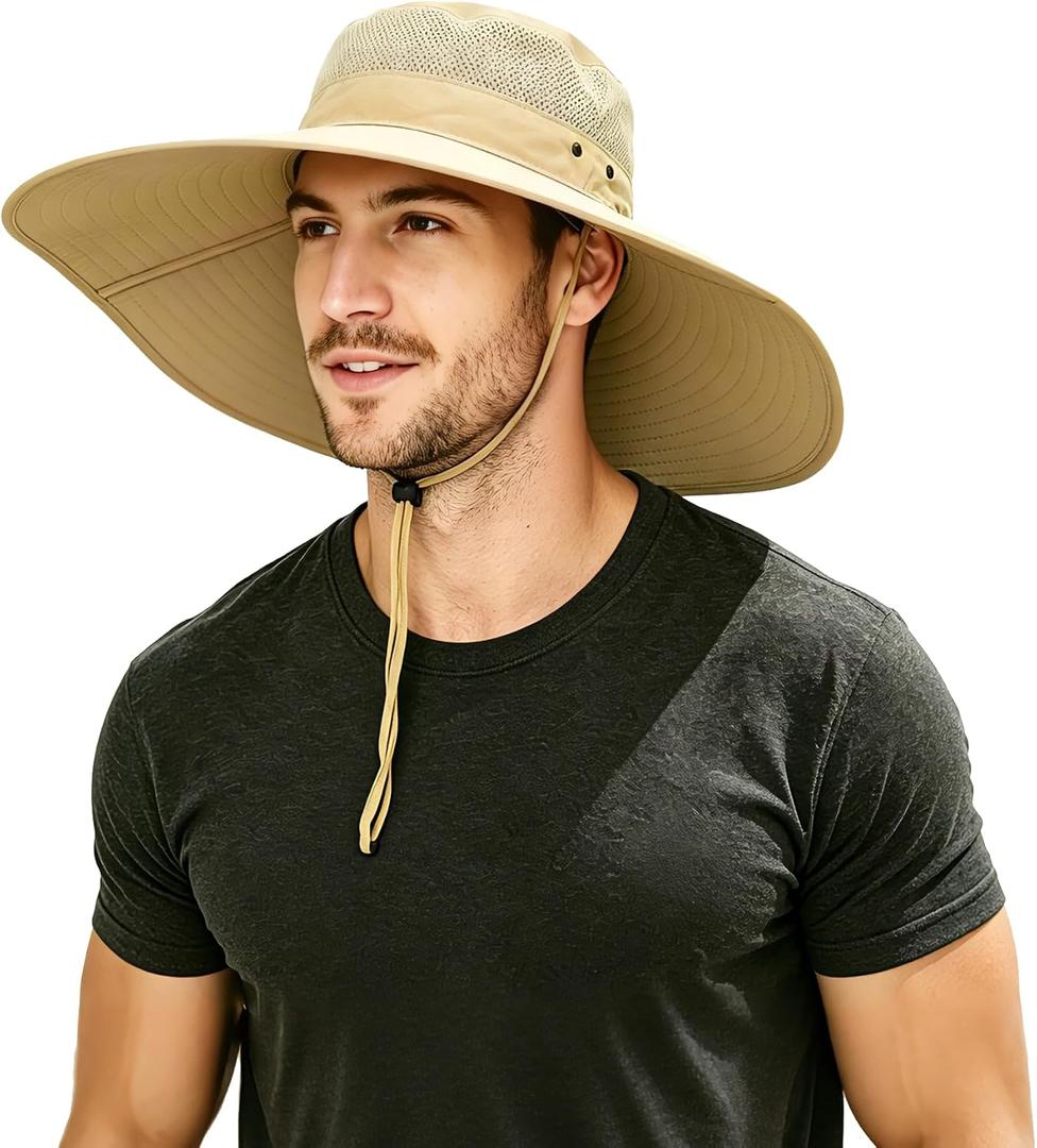 Men's Wide Brim Sun Hat-UPF 50+ Protection,Waterproof Bucket Hat for Fishing, Hiking, Camping,Breathable Nylon & Mesh