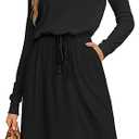 Women Knit Work Casual Pocket Knee Length Travel Dress 2025 Spring Fall Winter Long Sleeve Hide Belly Midi Outfits, Size M