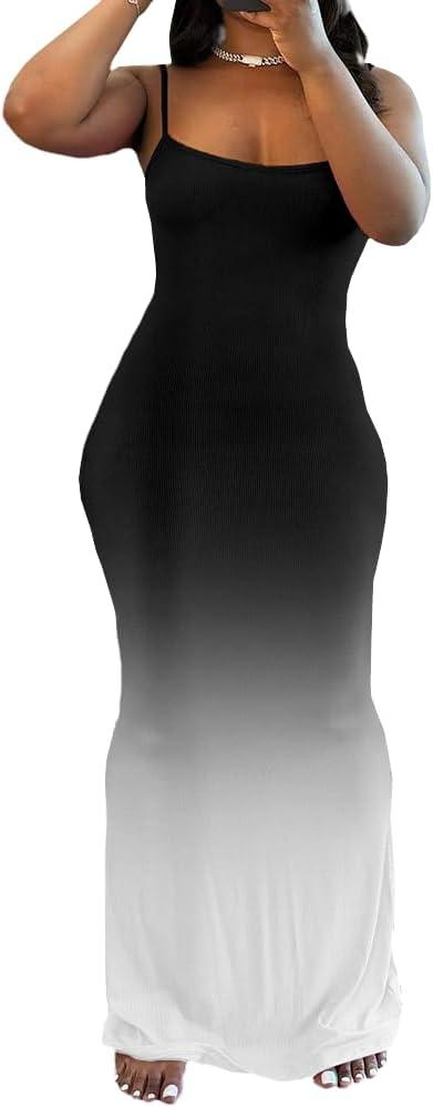 PINSV Women Summer Long Dress Casual Slip Sexy Sleeveless Bodycon Maxi Dresses for Women (Medium, Black Gradient)