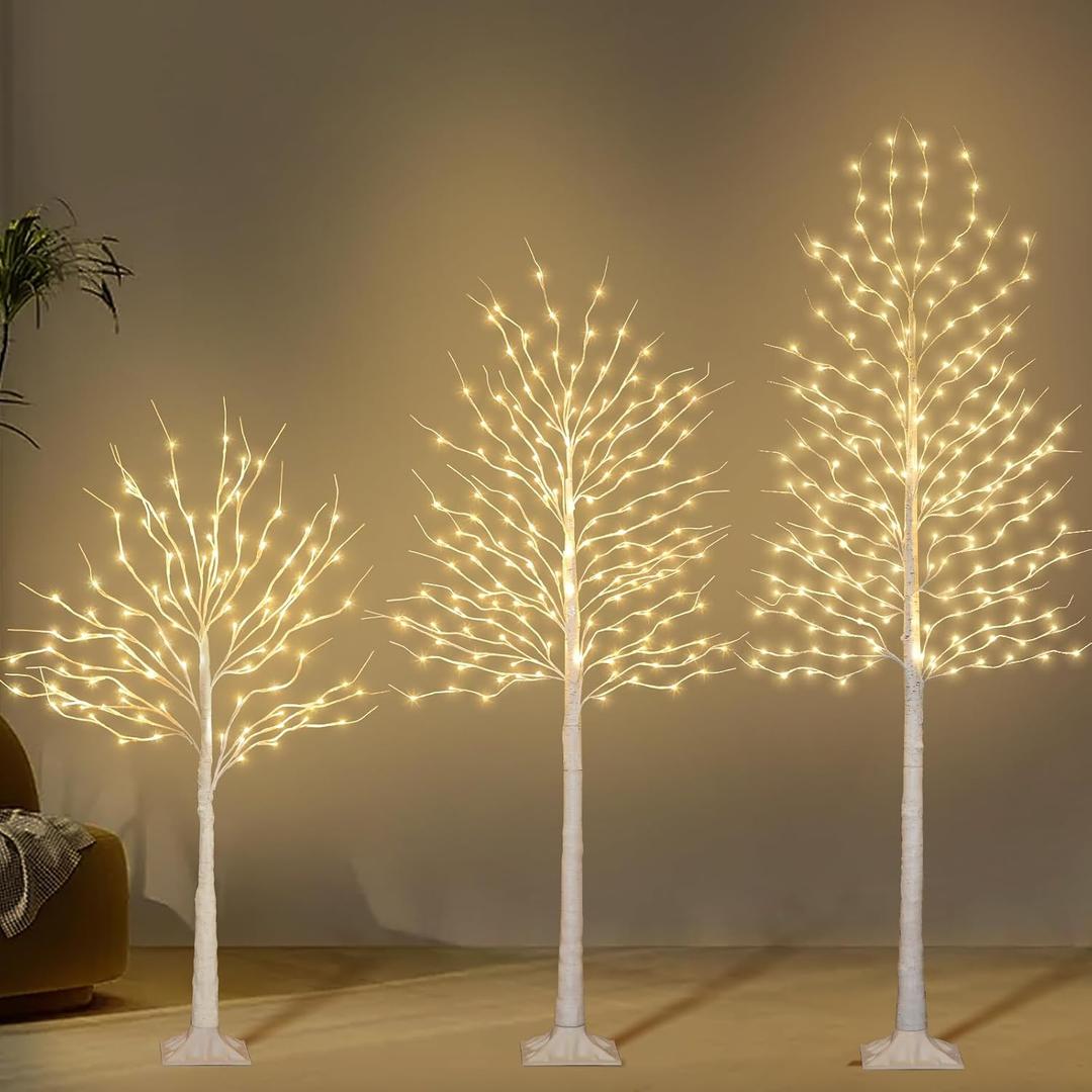 Birch Tree with LED Lights 4+6+8FT, 3PK Artificial Christmas Trees Prelit with 8 Lighting Modes and Timer, Lit Twinkling Twig Tree Warm White for Xmas Home Outdoor Indoor Decoration