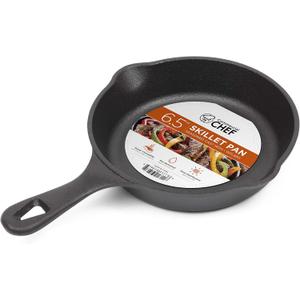 Commercial CHEF 6.5-Inch Cast Iron Skillet Pan, Pre-Seasoned Cast Iron, Integrated Hanging Hole in Handle, Works on All Cooktops Including Induction, Outdoor Skillet for Campfires or Grills, CHFL650