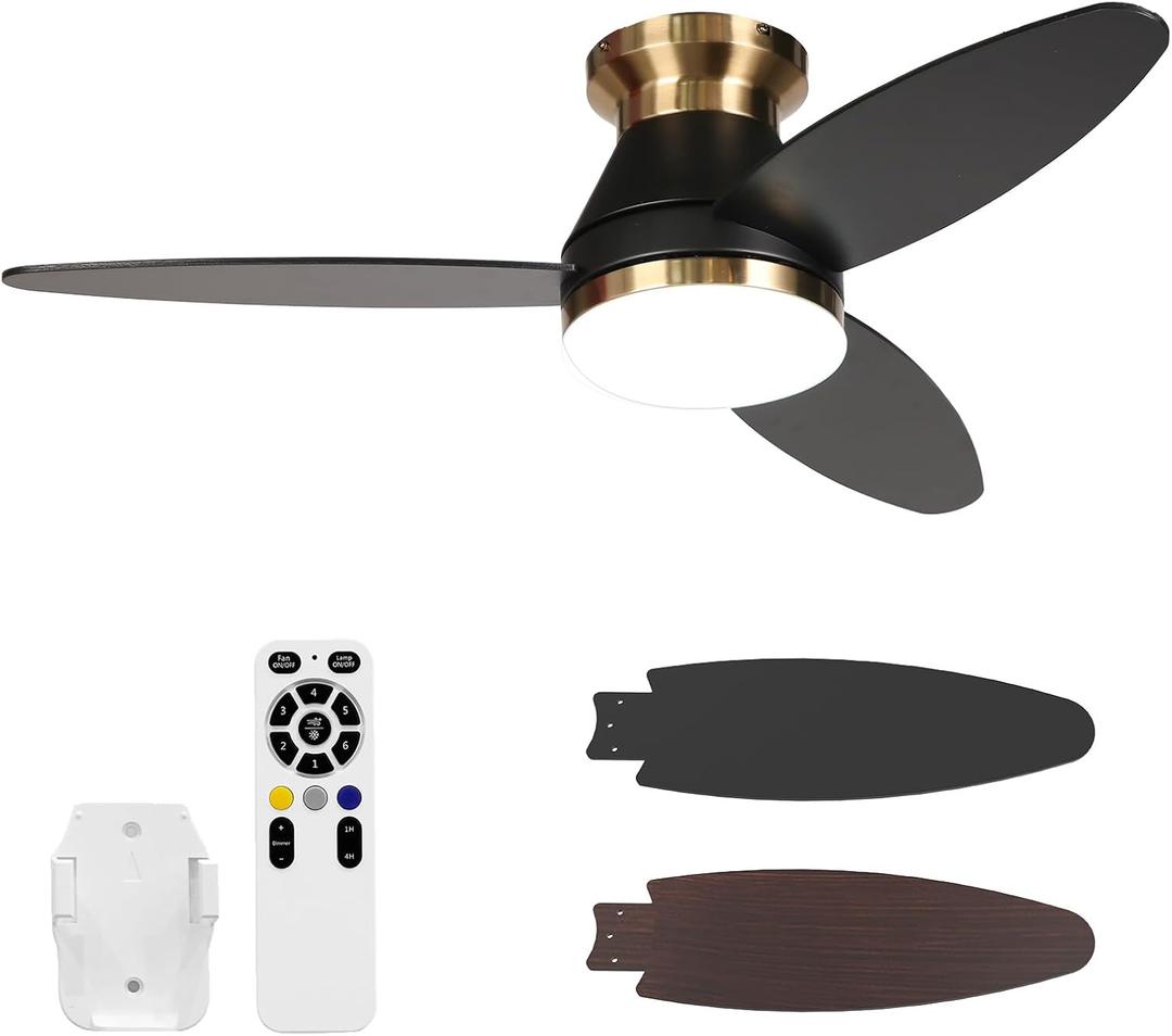 Flush Mount Ceiling Fans with Lights 42 Inch, 3 Blade LED Low Profile Ceiling Fans with Remote for Bedroom Living Room Patio, Dimmable, 3CCT, Quiet Reversible DC Motor, Black Gold