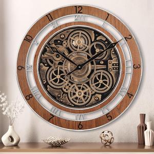 Lafocuse Real Moving Gears Wall Clock Brown Vintage, 21 Inch Steampunk Gear Clocks with Arabic and Roman Numerals, Wooden Farmhouse Industrial Large Wall Clock for Living Room Decor Kitchen Home